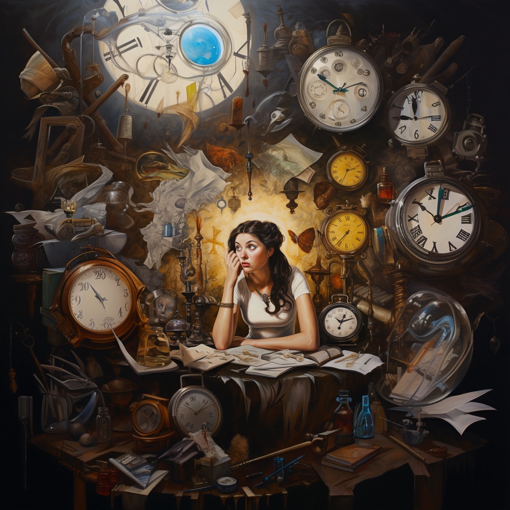 Midjourney result of the prompt What Do You Want? A woman with an apprehensive look at a desk covered in papers surrounded by clocks and distorted shapes