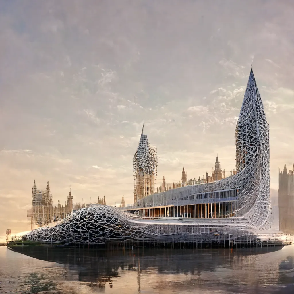 futuristic_parametric_London Parliament Building 2050 generated by Artificial Intelligence, midjourney, dalle2 - text to image generation