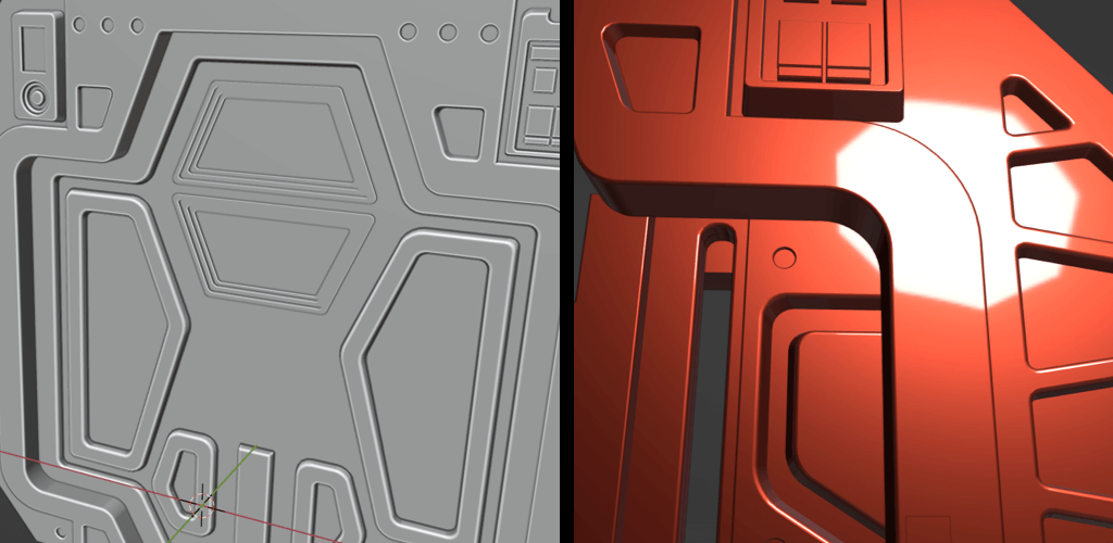 Two images, on the left showing the mesh with beveled edges. On the right, a closeup of the mesh with a metallic shading.