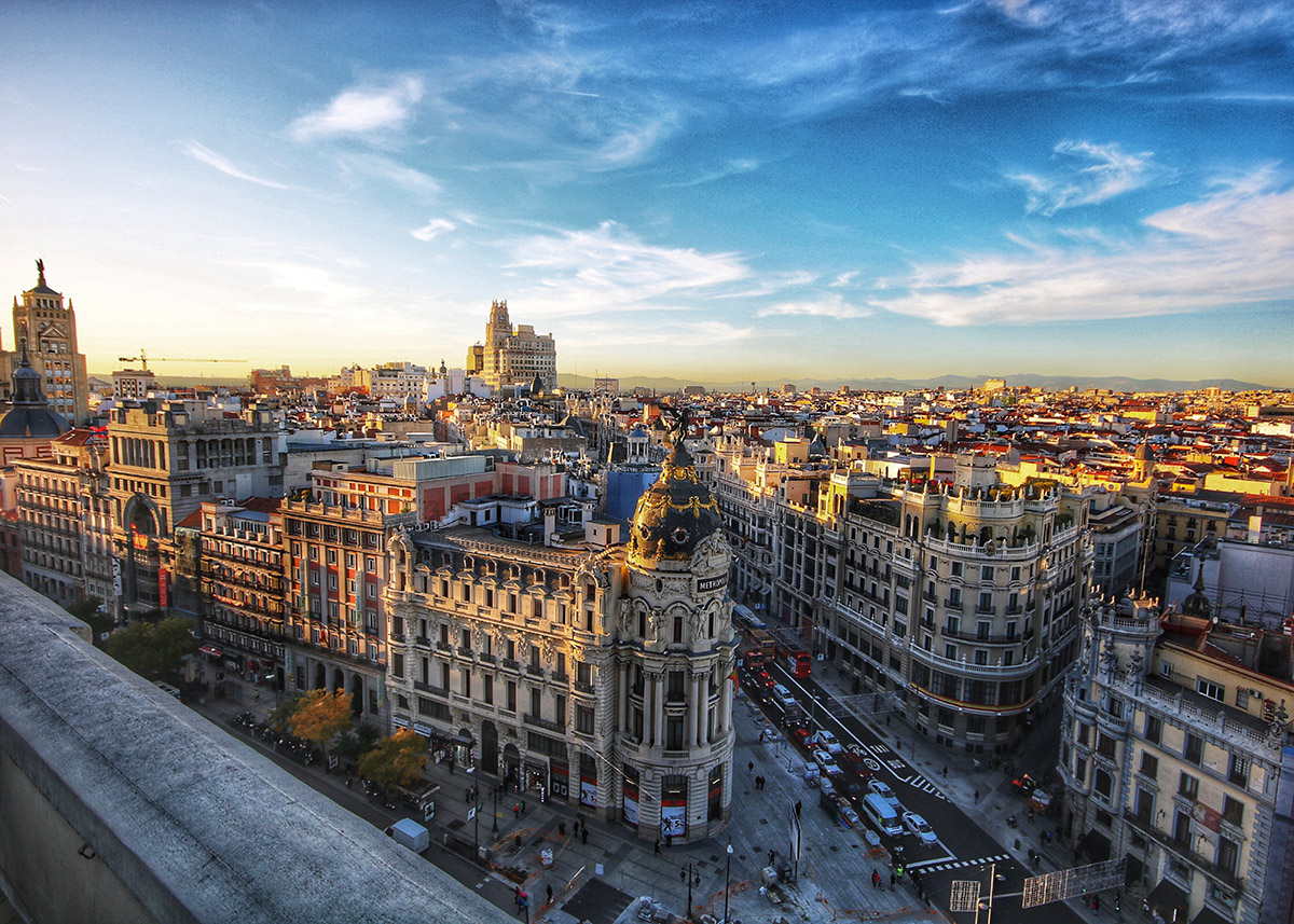 overhead shot of the skyline of madrid at sunset