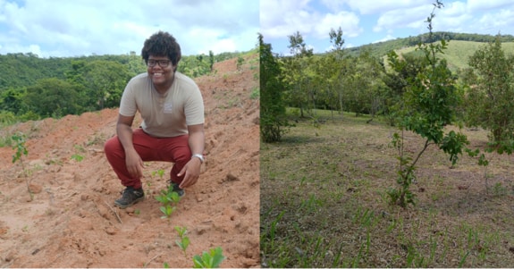 Photo: Our local planting project coordinator Joaquim Freitas planting saplings in order to regreen the hilly uplands.