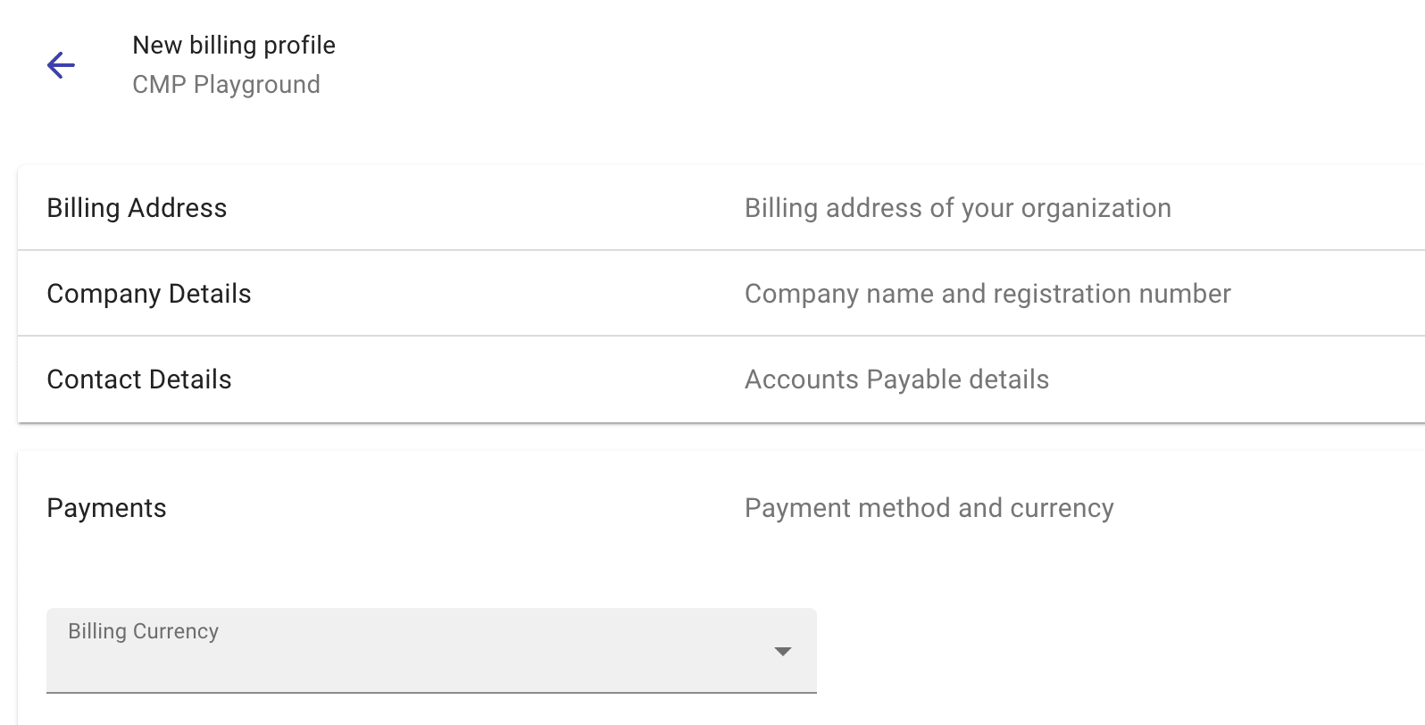 The Payments section in billing profile.