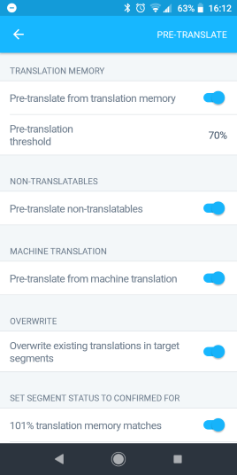 Memsource Mobile Pre-translation Options