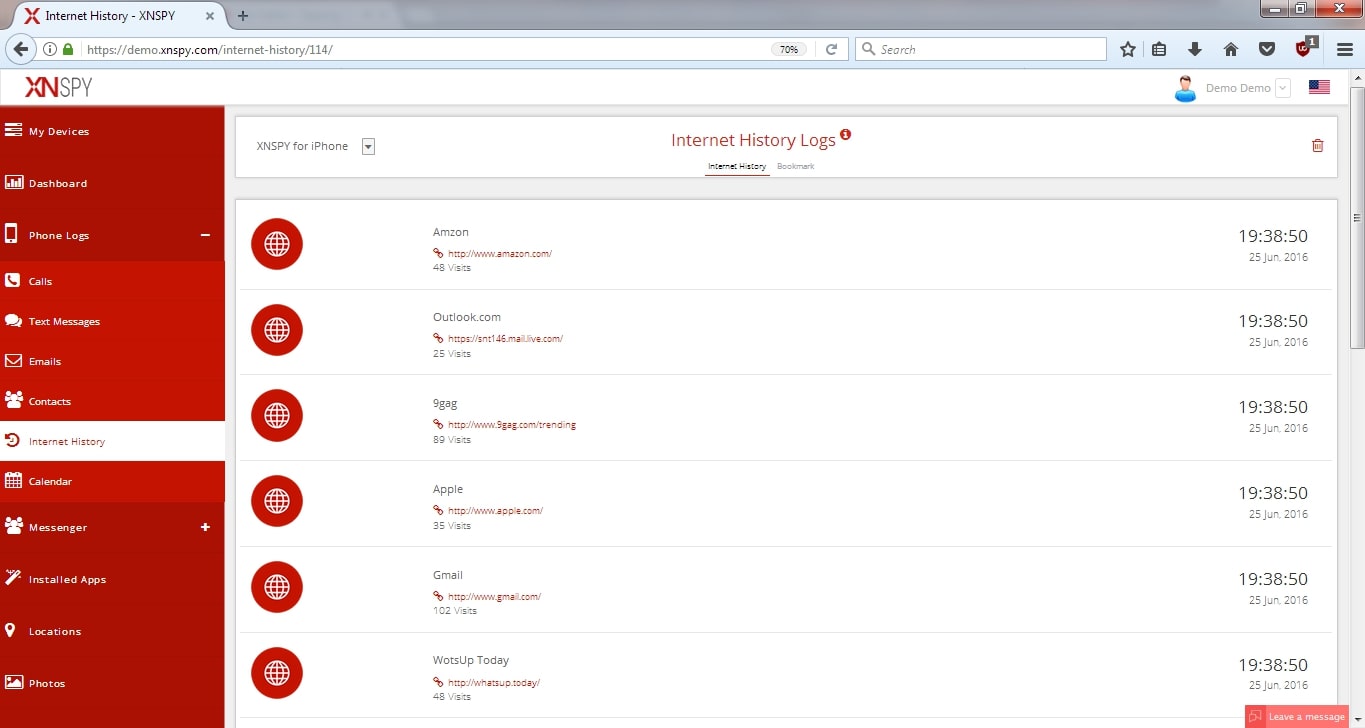 XNSPY demo spy software - internet history