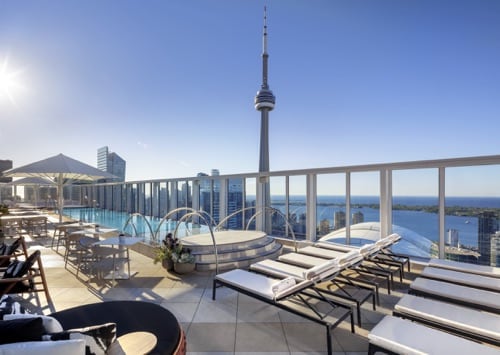 The rooftop of the Bisha hotel with a pool and the CN tower in the back