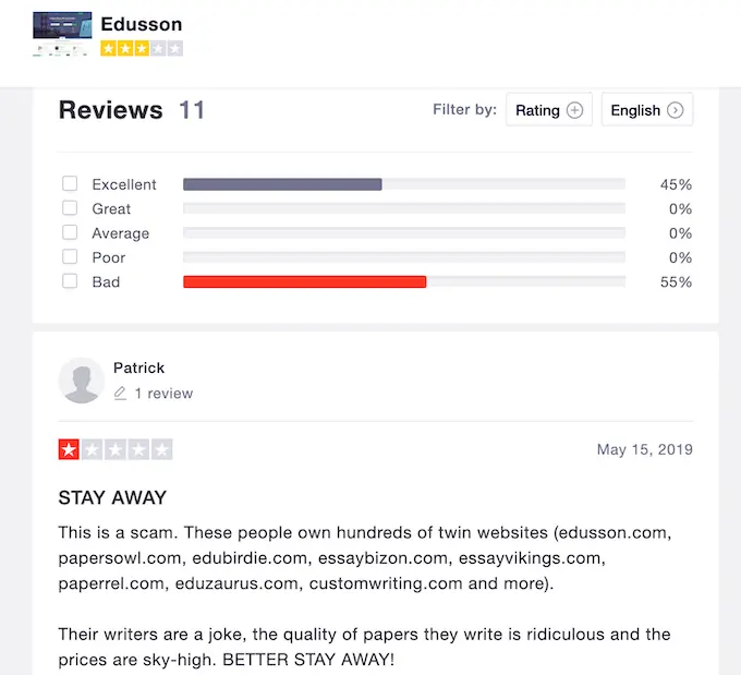 half of edusson reviews on trustpilot are bad