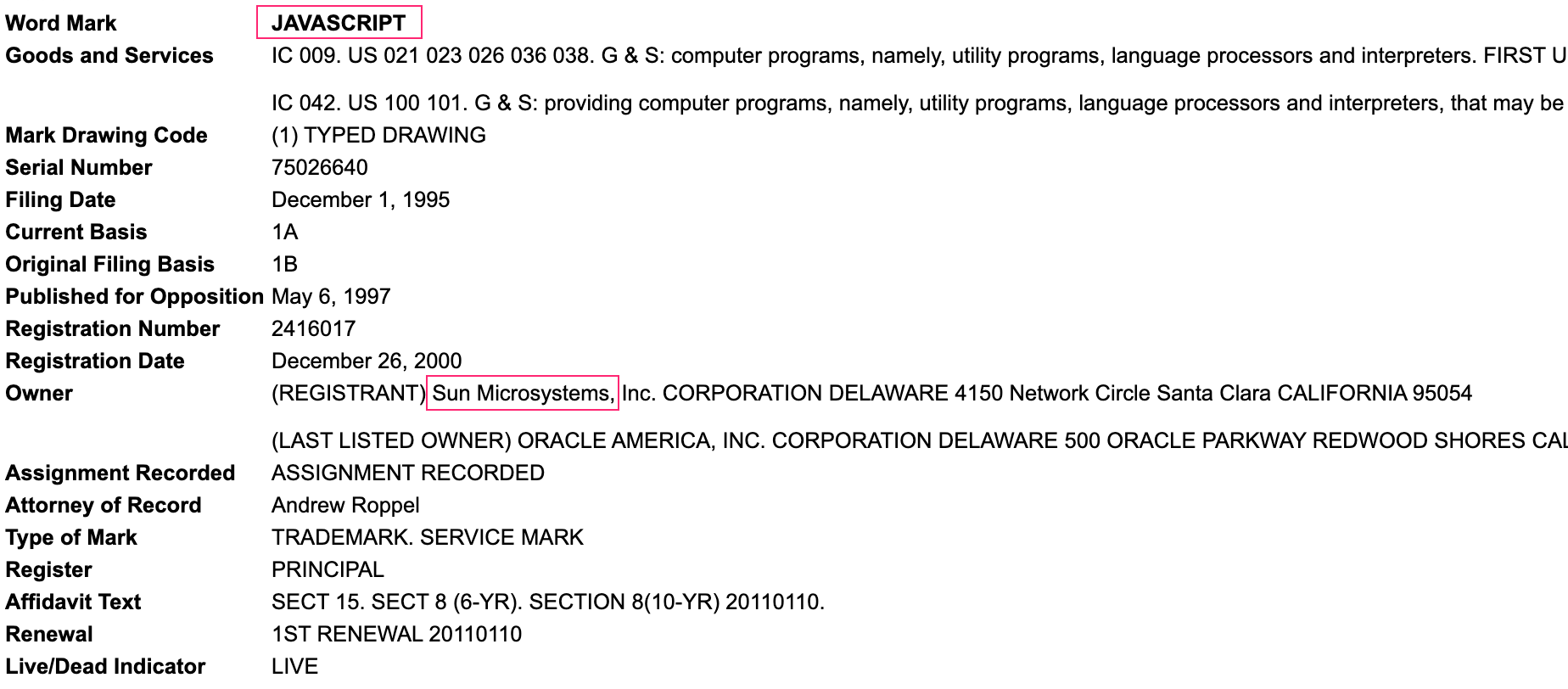 JavaScript Trademark Information