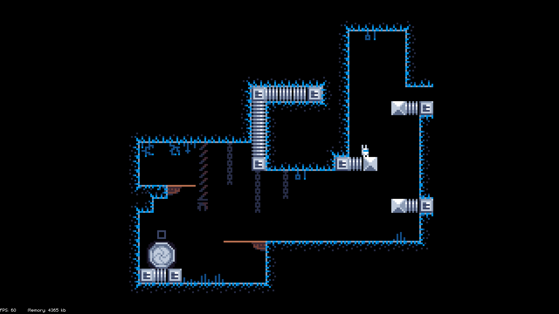 2d pixel art of a small white robot in a dark, blue underground space with metal platforms.