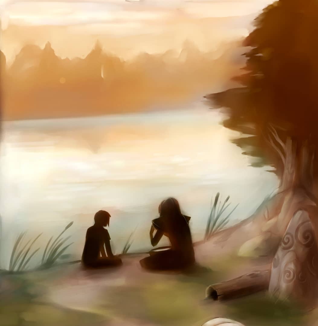 Erlann and Elda sit as the sun sets.