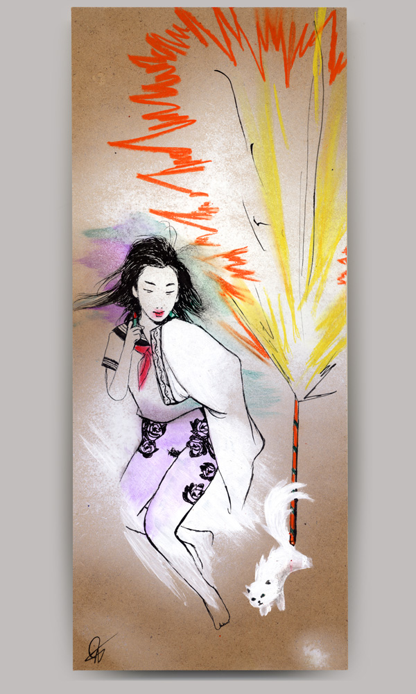 An acrylic painting on wood panel, titled 'House - Part 1', of a girl with black rose tattoos wearing a Japanese school uniform and a white robe draped over her. A white cat runs by her feet with a lit roman candle wrapped in its tail.