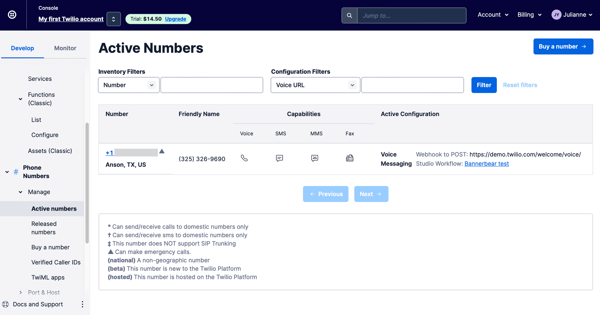 Screenshot of Twilio active numbers