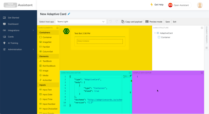 Highlighted layout of the Adaptive Cards designer. The Card elements pane is on the left; the payload editor and sample data editor are split 50/50 at the bottom of the designer.