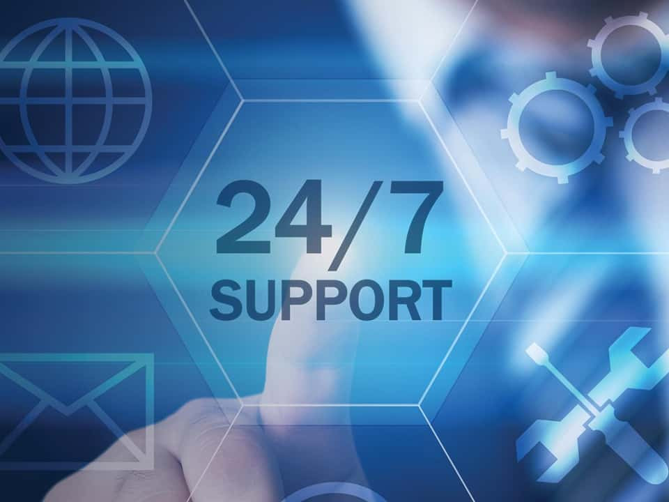 24/7 support displayed over a blue hexagon with a finger pointing at the words
