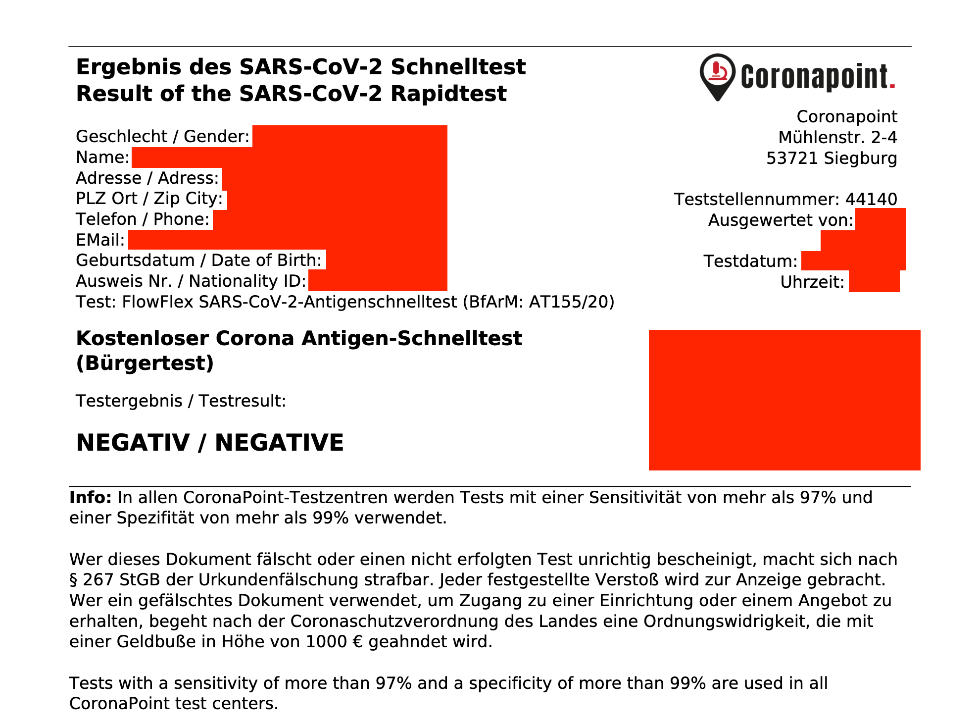 Screenshot des Testergebnis PDF