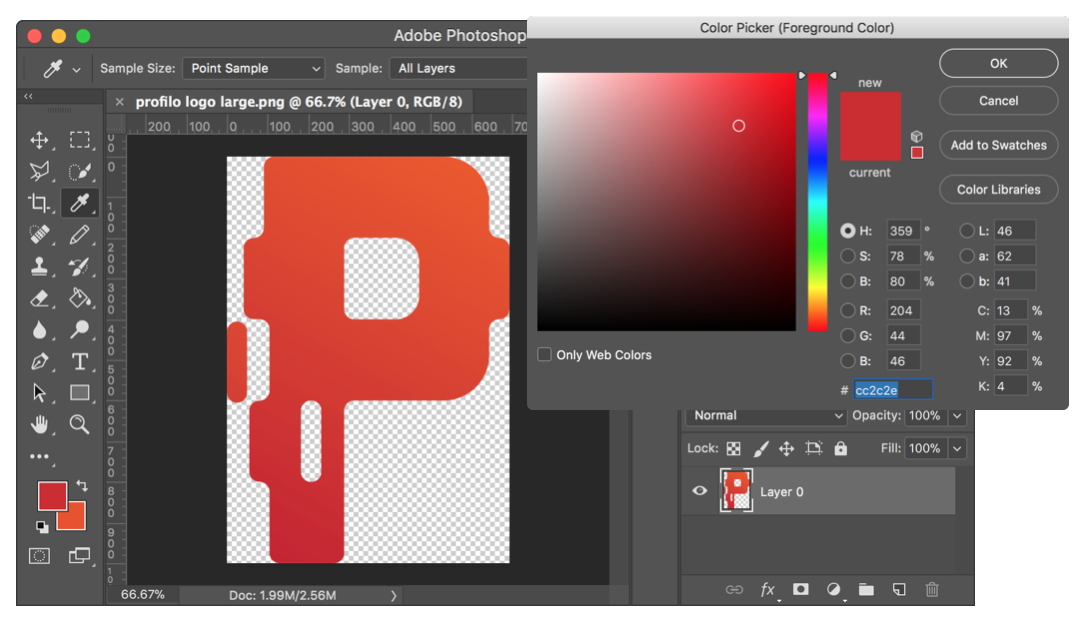 Picking colors in Photoshop, with the Profilo logo and the main working area in the background and a color picker dialog in the foreground, selected to a red shade