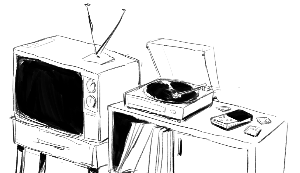 Sketch of an old tv set, a record player, and a handheld gaming console in a living room setting.