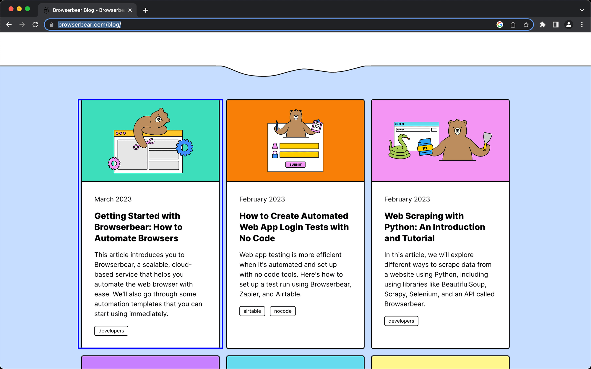 Screenshot of Browserbear blog page with parent container outlined