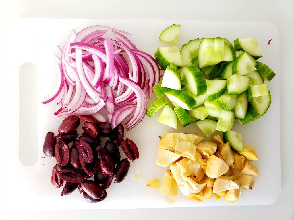 Kalamata Olives, Red Onion, Artichoke, and Cucumber