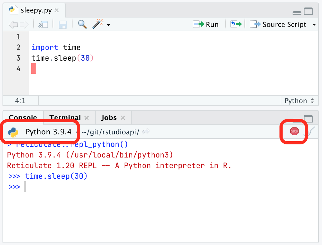 Screenshot of RStudio's improved python support, showing the version information and stop button