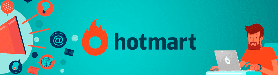Banner da hotmart com alguns símbolos de marketing a esquerda e uma pessoa com um notebook a direita