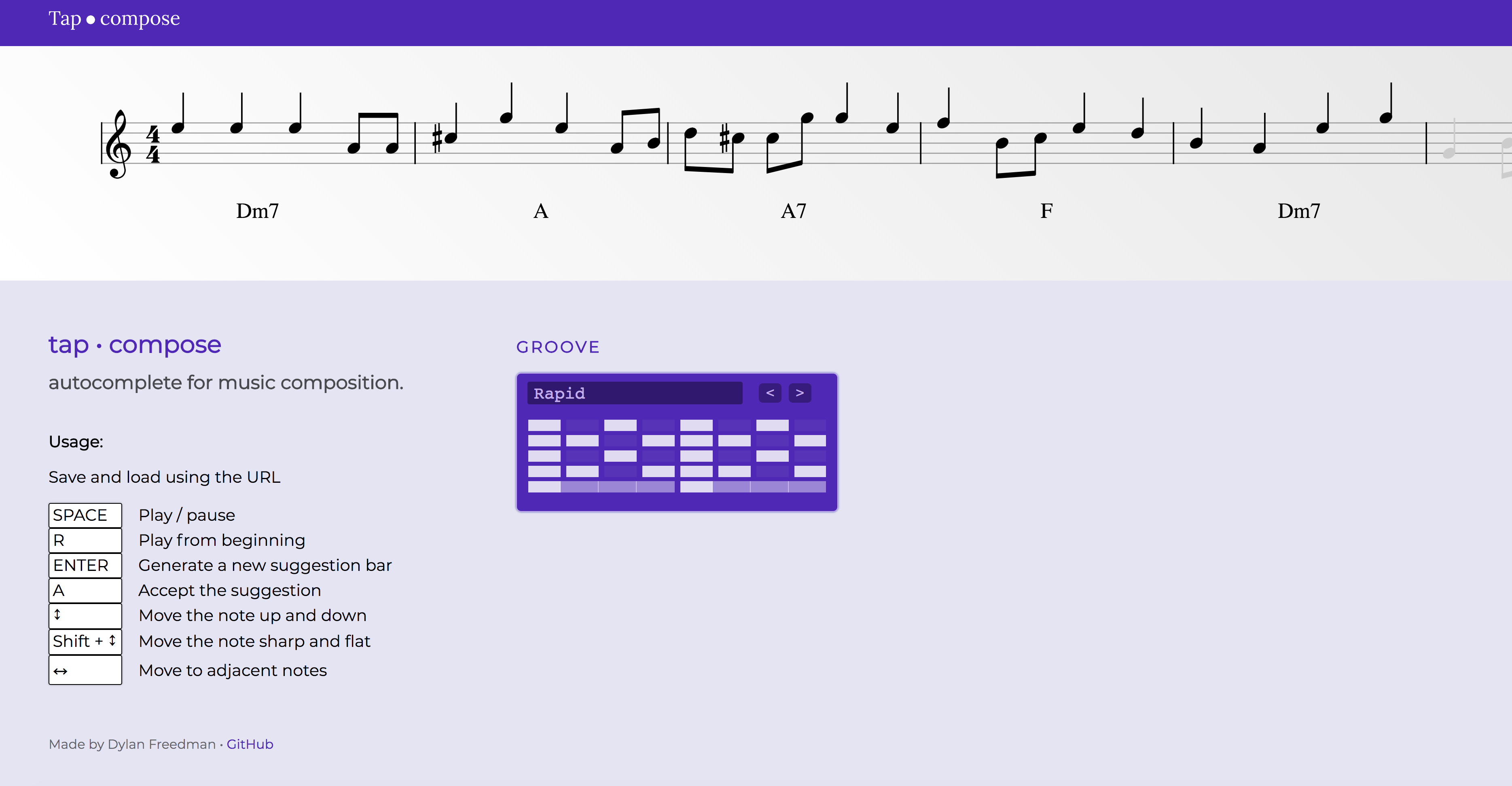 Screenshot of Tapcompose: a musical score at the top and a dialog to change the groove and usage controls at the bottom.