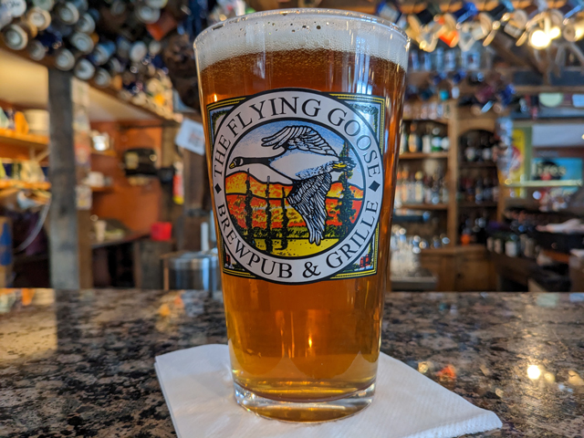 A pint of beer poured at the Flying Goose Brewpub in New London, NH