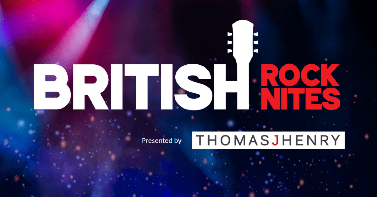 The British Rock Nites logo on a concert lighting background with the words presenting sponsor Thomas J Henry