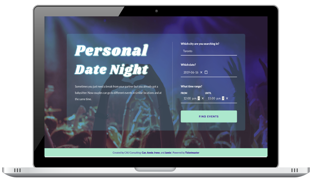 Desktop view of Personal Date Night Application.