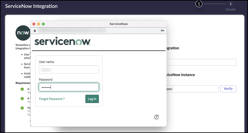 The ServiceNow login page.