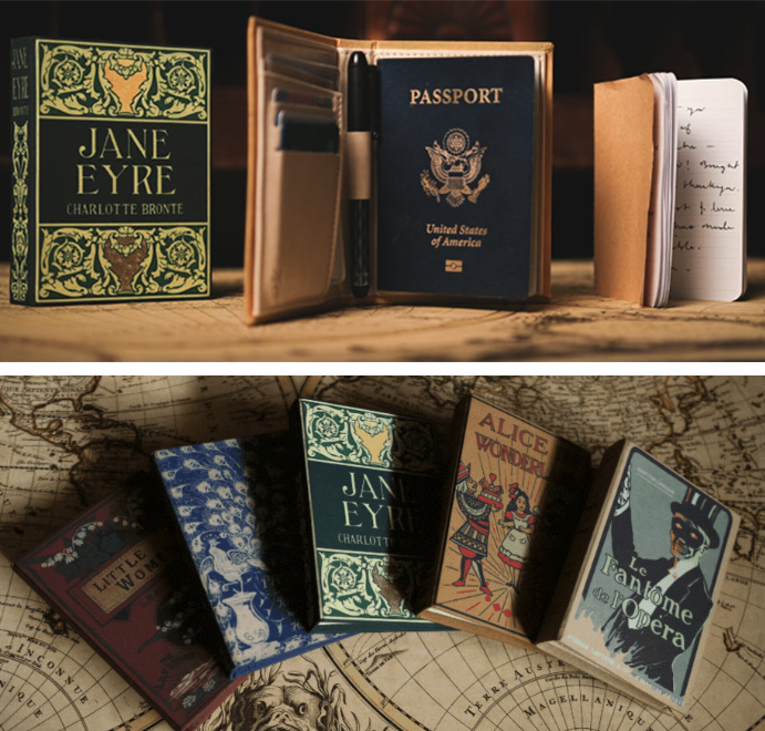 miniature versions of classic book covers with a passport inside