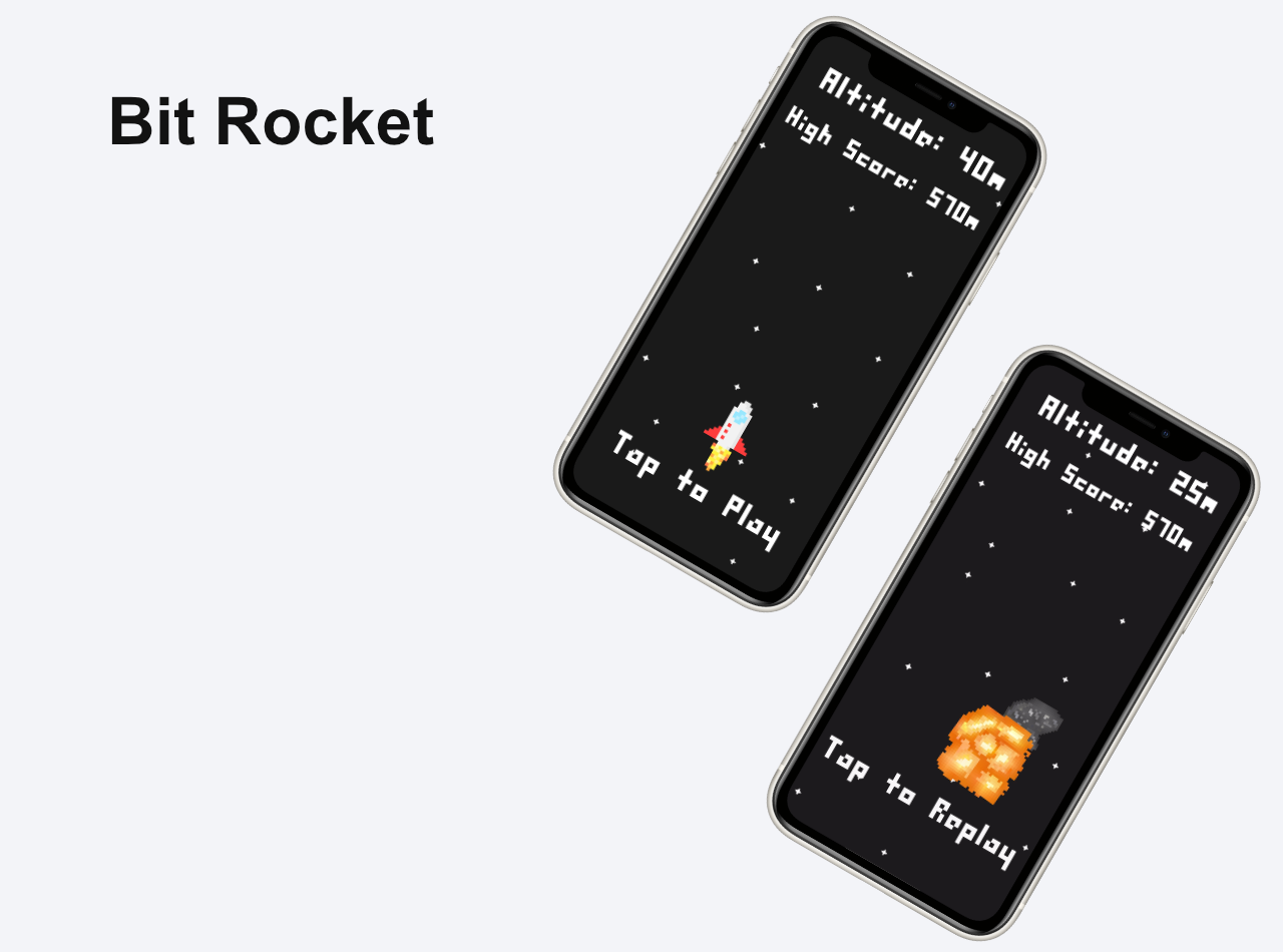Thumbnail with Bit Rocket title and two phones featuring images of game start screen and replay screen