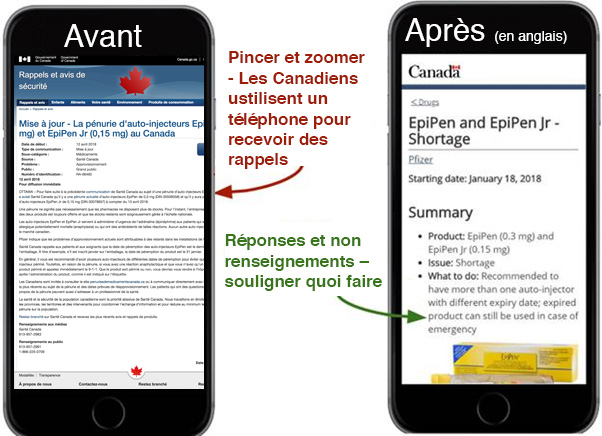 Images figurant sur deux téléphones, étiquetés « Avant » et « Après »