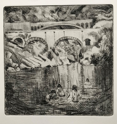 etching of bridge over a river with bathing figures in foreground