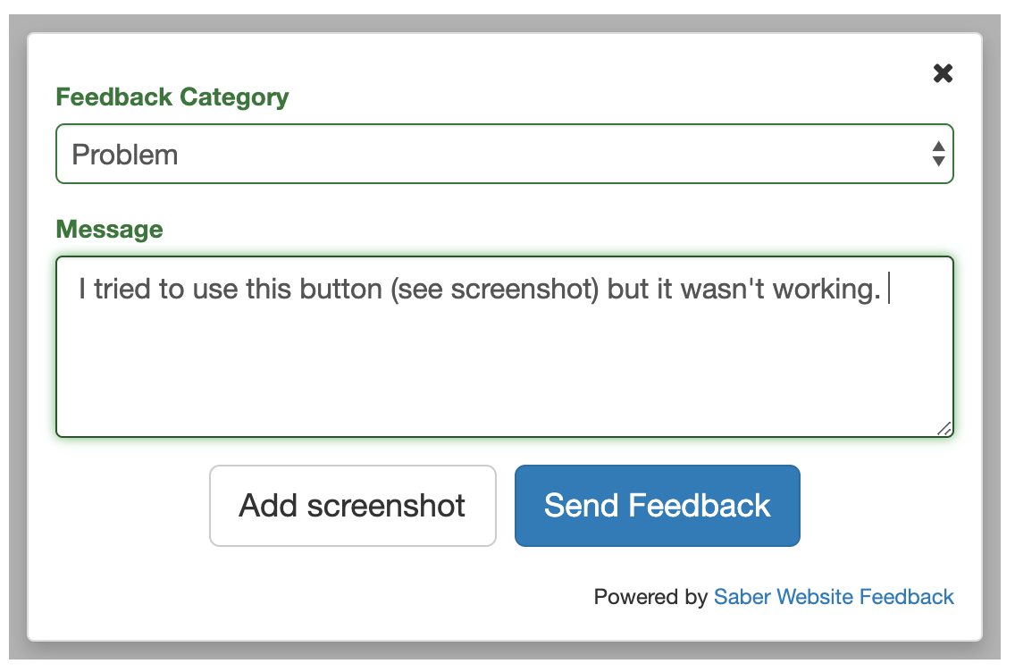 Saber feedback form drop down menu and text box