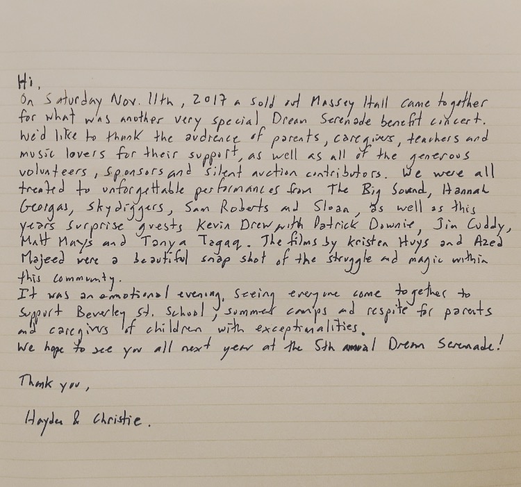 Handwritten thank you note from Hayden & Christie