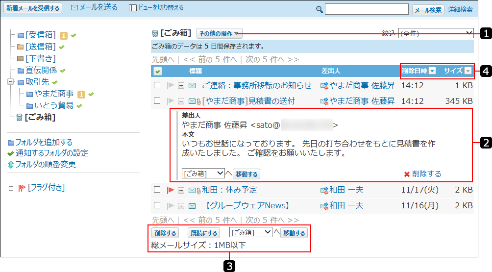 ごみ箱の一覧画面を説明する番号付き画像