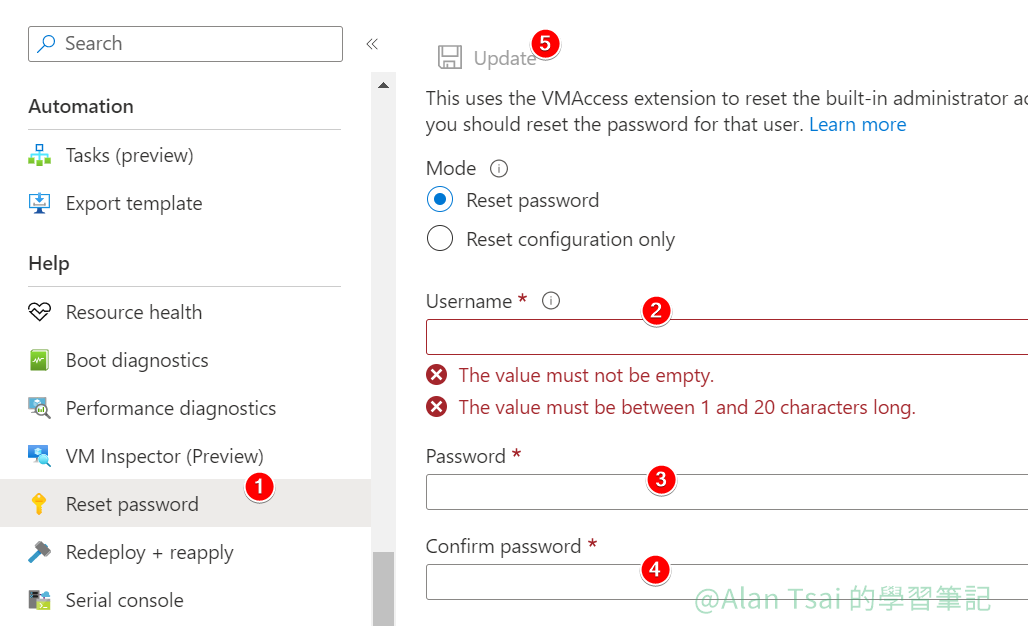 Azure VM 的 Reset Password 畫面