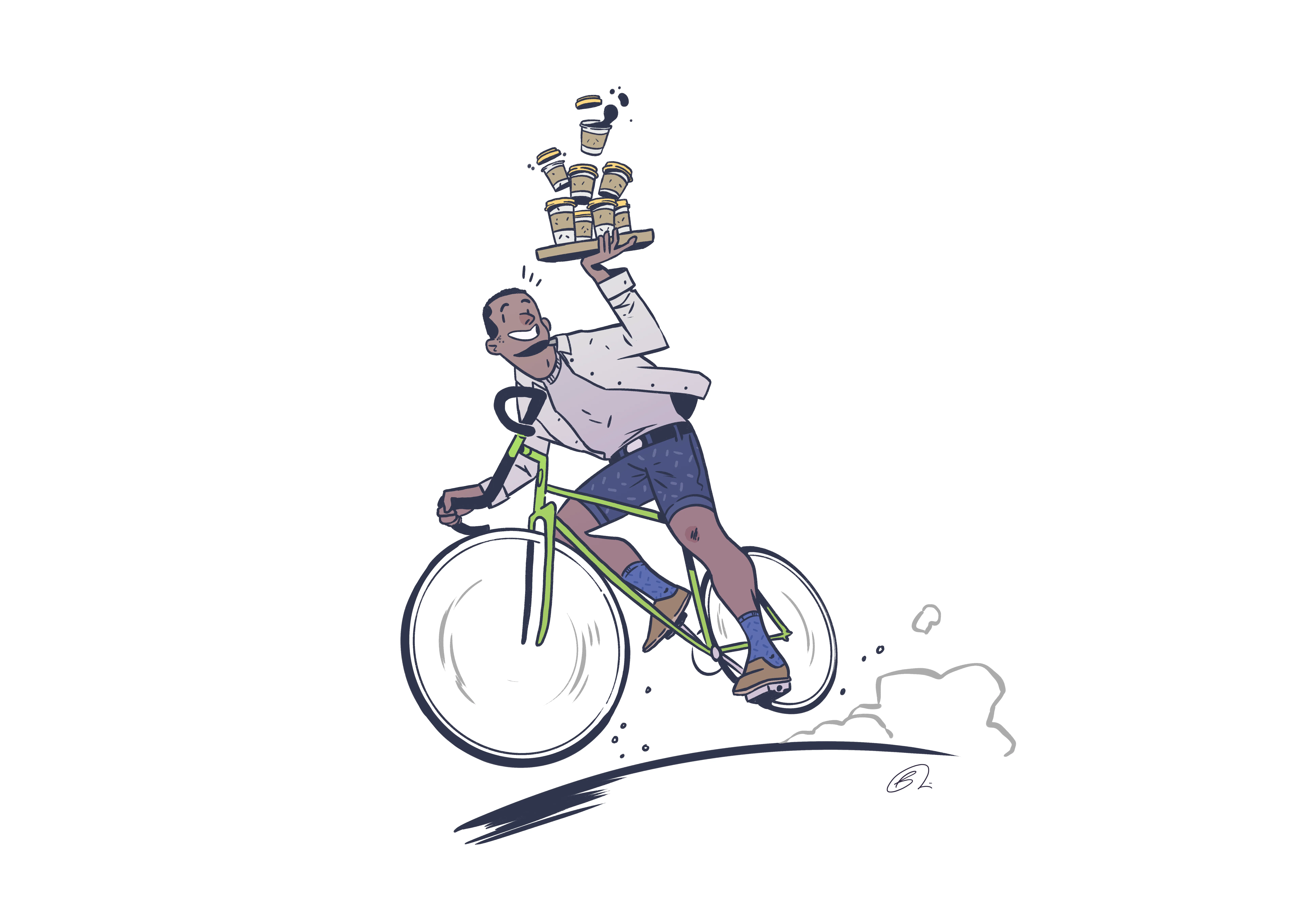An illustration of a man riding a bicycle while holding a tray of coffees