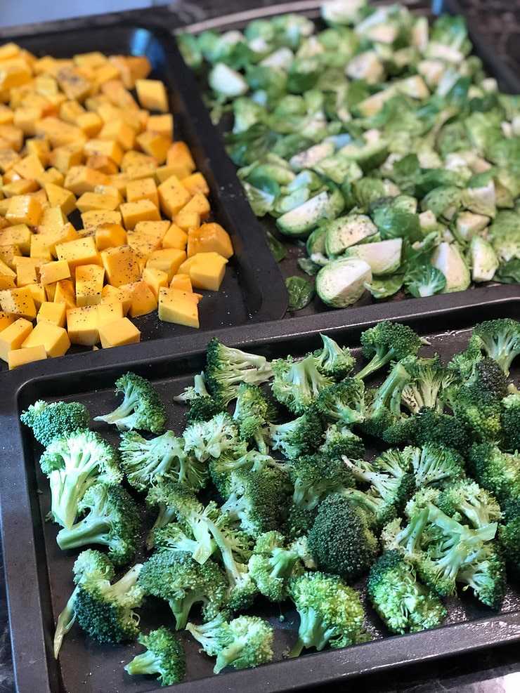 Diced squash, chopped brussel sprouts and chopped broccoli