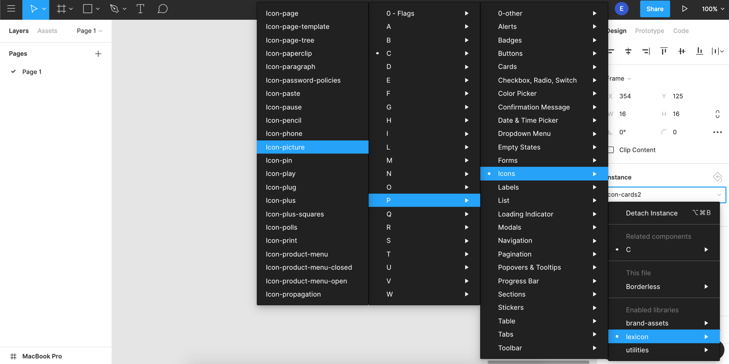 The instance menu is open, showing the alphabetical order of the icons in Figma.