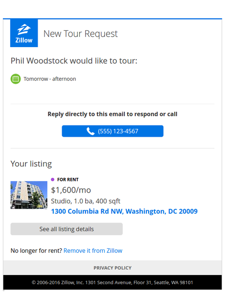 Zillow Tour Request email sample