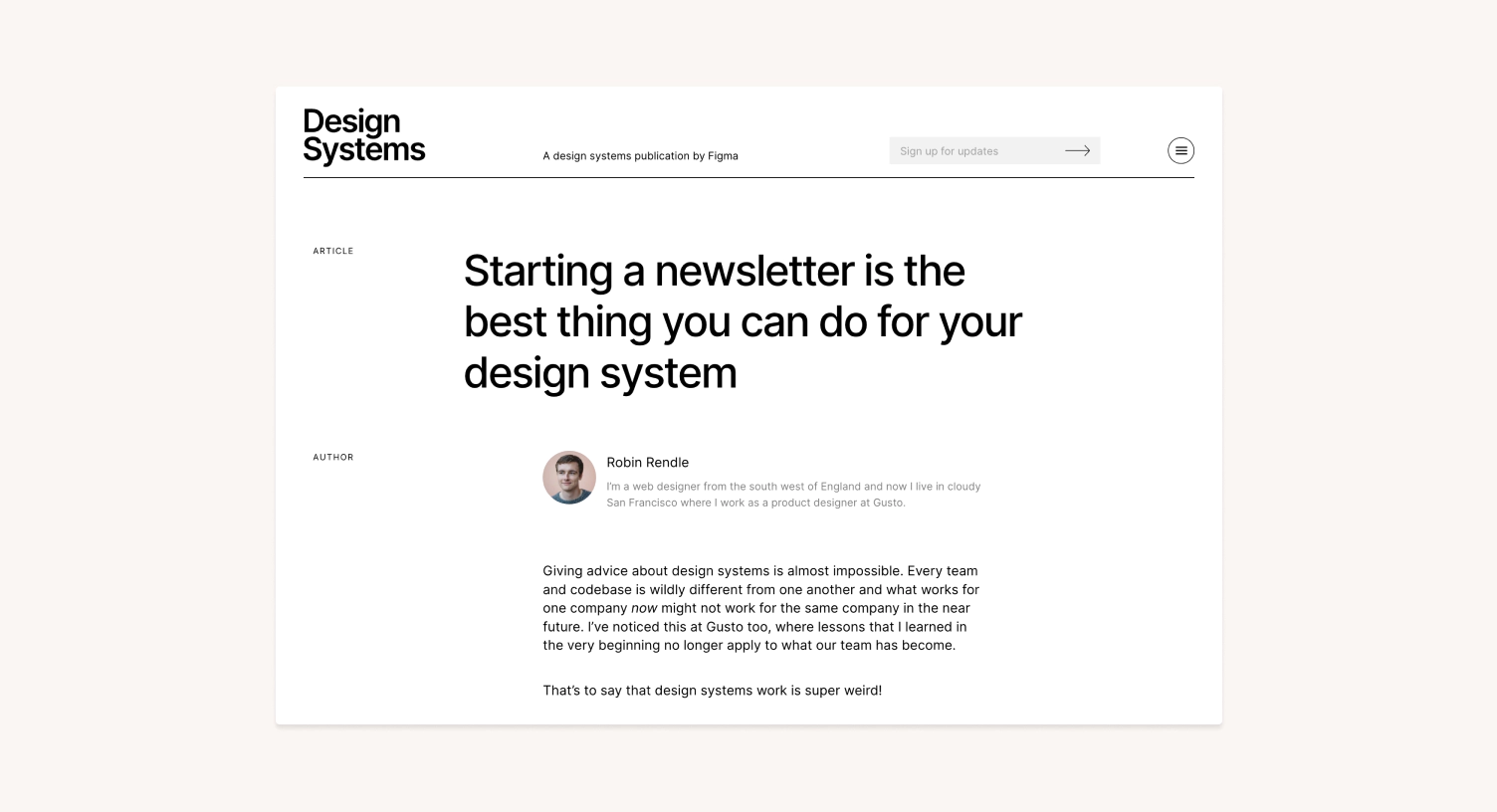 A screenshot of the Figma Design Systems publication website were they rather kindly let me write something about design systems and newsletters