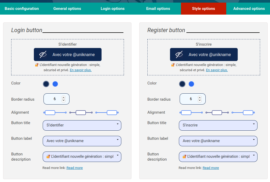 Unikname Connect for WordPress buttons style configuration