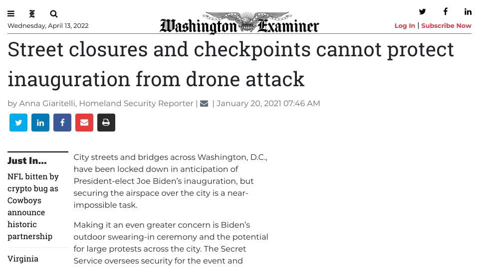 Street Closures and Checkpoints Cannot Protect Inauguration from Drone Attack