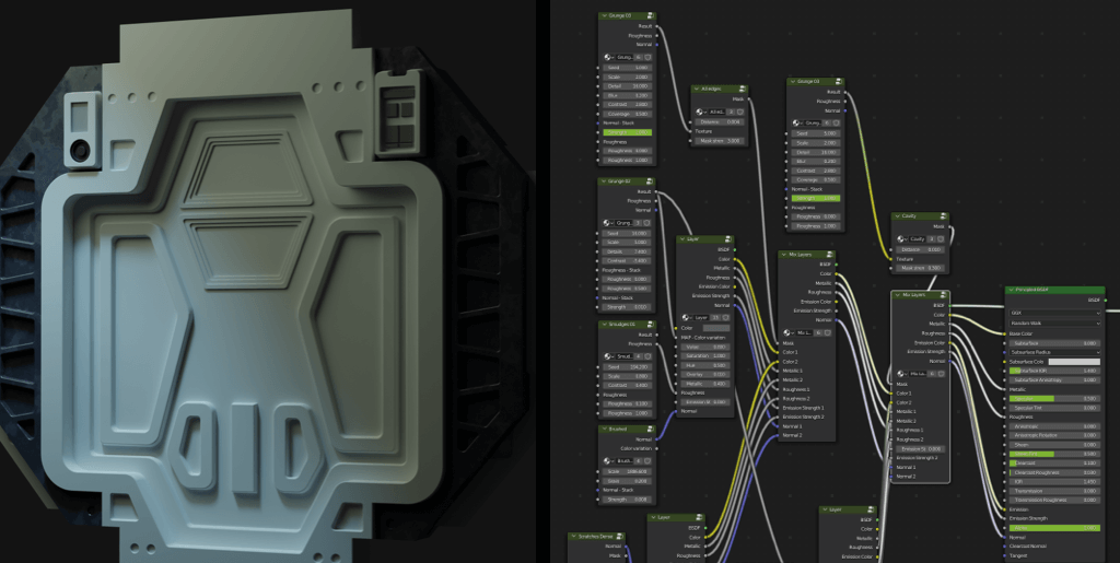 Image showing a test render of the door on the left, and the used nodes on the right.