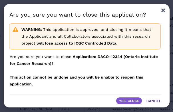 DACO close confirmation modal with warning