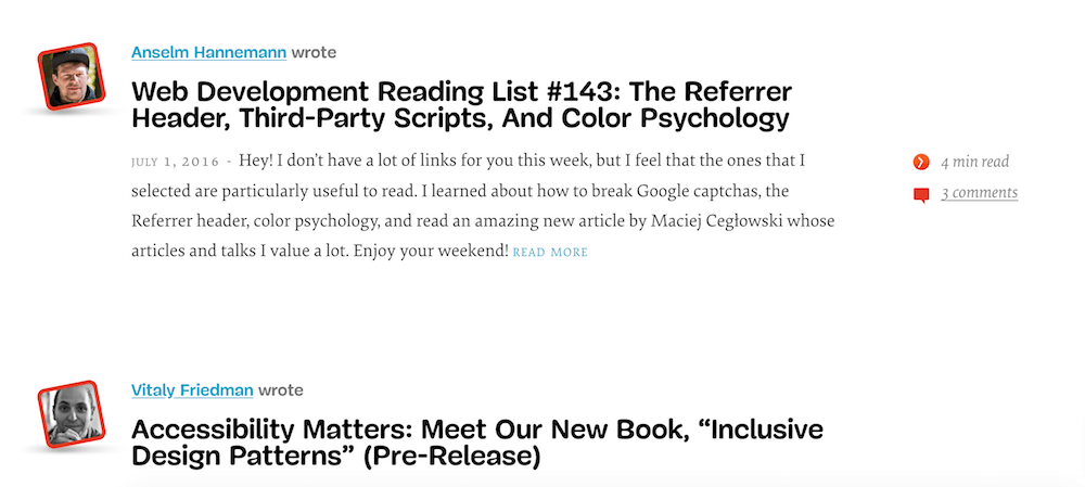 each article listing emphasized the author who wrote it