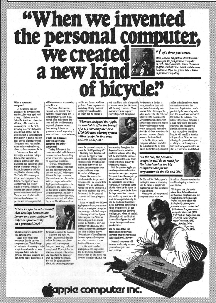 Wall Street Journal advertisement for Apple.inc with the title "When we invented the computer, we created a new kind of bicycle."