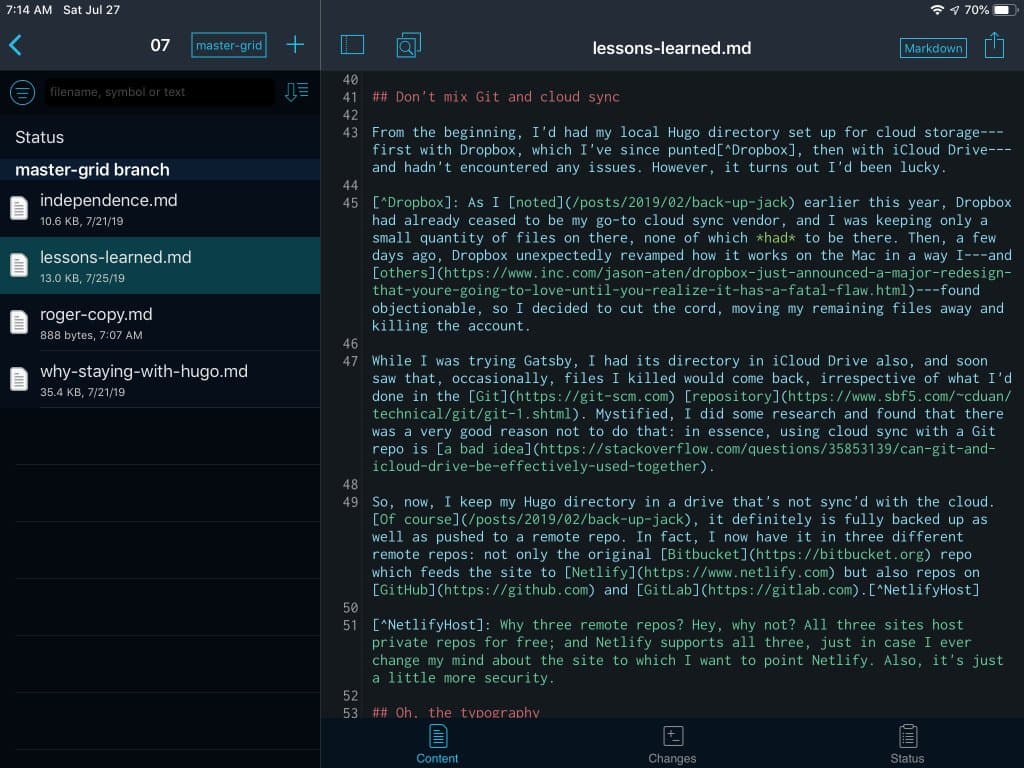 iPad screen capture: Working Copy display showing its built-in text editor