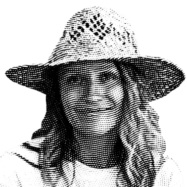 Halftone black and white image of Kirsty